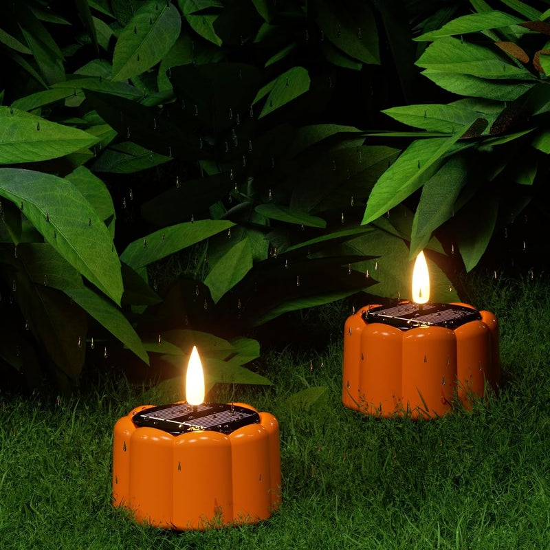 DRomance Flameless Votive Candles Solar Battery Operated Dusk to Dawn 3D Wick Flickering Outdoor Waterproof Spooky Pumpkin LED Tea Lights Candles Set of 6 Halloween Decor(2.5" D x 2.64" H) - Image 5